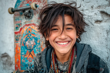 Obraz premium Young Latino skater smiling with his skateboard in the background