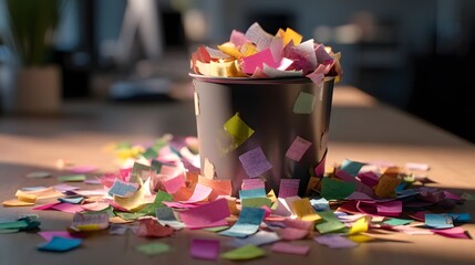 A trash can overflowing with colorful sticky notes on a desk