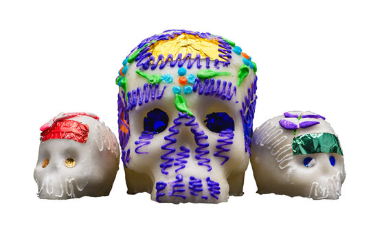 Three Sugar Skulls from dia de muertos Different Sizes Front Row Transparent Background