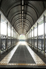 A sleek long modern indoor walkway passage overpass staircase with glowing overhead lamps fluorescent lights stretching forward with symmetry