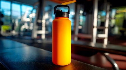 An orange water bottle sits on a bench in a fitness center