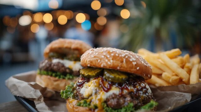 Savor the mouthwatering sight of juicy grilled burgers with pickles and crispy fries at a lively food truck festival.