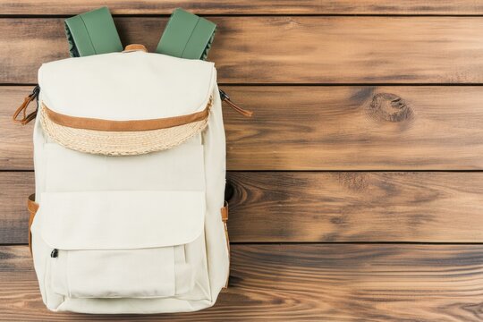 Stylish backpack is hanging on wooden wall with copy space