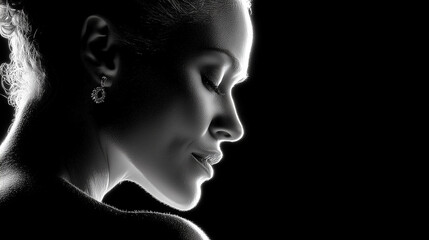 Black and white portrait of a girl on a dark background.