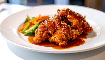 Crispy Fried Chicken Drumsticks with Sweet and Tangy Sauce on White Plate