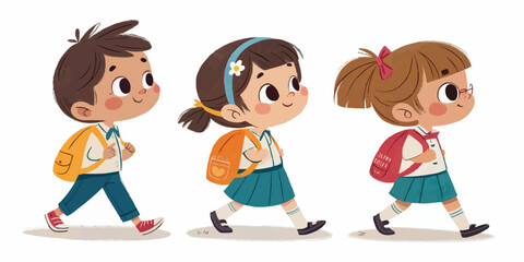 Three cartoon children walking to school with backpacks and wearing school uniforms in a row art