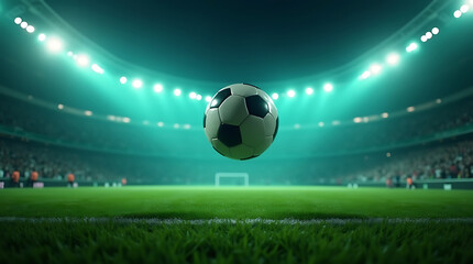 Naklejka premium A soccer ball suspended in the air above a vibrant green soccer field in a brightly lit stadium with spectators