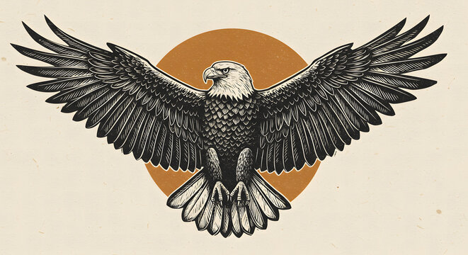 Soaring Vision: The majestic illustration of an eagle with outstretched wings, embodies freedom and strength, captured in striking detail against a warm, sun-like backdrop. 