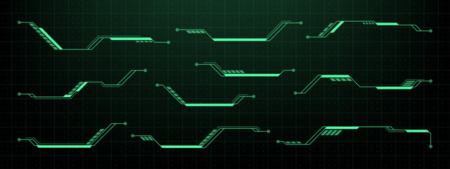 Futuristic hud vector graphics elements with callout titles for interface design. Digital data display component concept. Technology illustration.