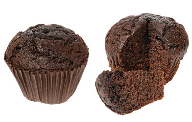 Chocolate muffin in paper form, isolated background