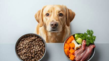 A curious dog rejecting dry kibble while sniffing a bowl filled with raw meat and fresh vegetables