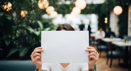 Woman holding blank paper in front of face in restaurant with lights and green plants behind her