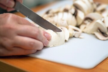 Female hands slicing whole ripe champignon mushrooms with a vintage knife