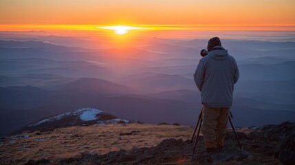 A Photographer Captures a Stunning Sunrise Over a Mountain Range Golden Hour Landscape Photography in a Peaceful Mountaintop Setting