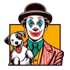Fototapeta premium Clown holding a dog with a playful expression and colorful outfit 