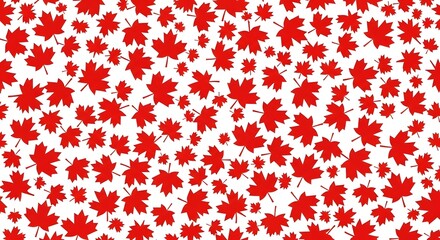 Seamless pattern of red canadian maple leaves scattered on a white background, creating a vibrant and iconic national symbol design