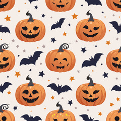 Vintage seamless pattern with Halloween pumpkins carved with spooky faces, dark bats, and stars on a light background. Retro cartoon hand-drawn style