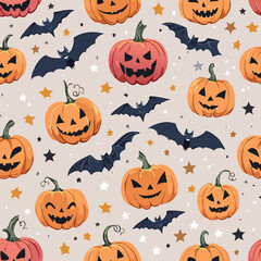 Vintage seamless pattern with Halloween pumpkins carved with spooky faces, dark bats, and stars on a light background. Retro cartoon hand-drawn style