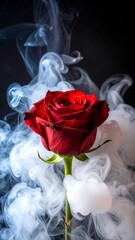Single red rose engulfed in swirling white and grey smoke against a black background