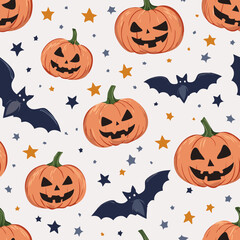 Vintage seamless pattern with Halloween pumpkins carved with spooky faces, dark bats, and stars on a light background. Retro cartoon hand-drawn style
