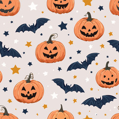 Vintage seamless pattern with Halloween pumpkins carved with spooky faces, dark bats, and stars on a light background. Retro cartoon hand-drawn style