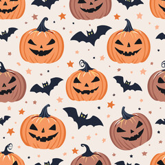 Vintage seamless pattern with Halloween pumpkins carved with spooky faces, dark bats, and stars on a light background. Retro cartoon hand-drawn style