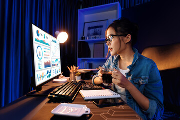 Host channel Asian influencer talking in broadcast wearing headsets on social media with pc in business graph screen, greeting listeners and coaching market online at neon modern studio. Stratagem.