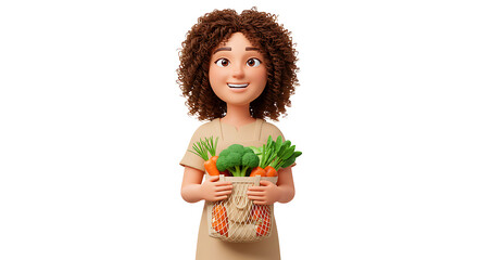 A girl holding a bag of fresh vegetables.