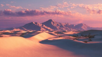 Elegant photo of serene desert landscape at sunset soft pastel sky gently rippling sand dunes creating a breathtaking and peaceful scene Warm golden light bathes the vast.