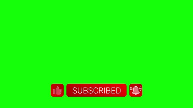 Red gradient buttons for like, subscribe, and notifications rise upward. Finger cursor clicks each icon, switching text to subscribed. Green screen, 4K loop animation.