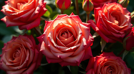Fototapeta premium Close-up of a cluster of vibrant red and pink roses with delicate petals and soft lighting flower