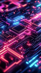 Fototapeta premium Neon Circuit Board Abstract Macro With Glowing Pink And Blue Lights technology photo
