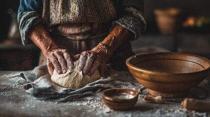 A warm kitchen filled with the aroma of yeast and flour, sunlight streaming through the window, where hands knead dough and the heart of home comes alive with comforting rhythms..