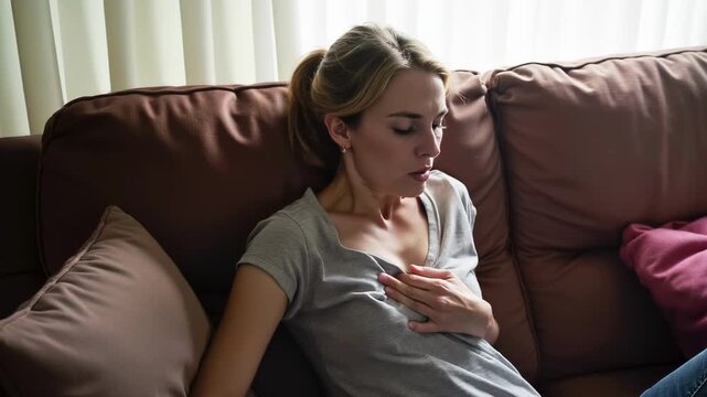 A woman with panic disorder is alone at home. Concept of psychology, loneliness, fear or mental health issues.