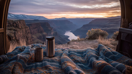 Watching the sunrise from the open trunk of a car, feet dangling over the edge, as golden light spreads across the horizon, capturing freedom, adventure, and serene reflection..