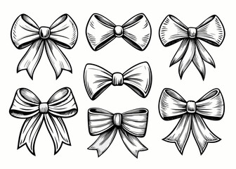 Illustration of a set of seven decorative bows with detailed line work and shading variations present