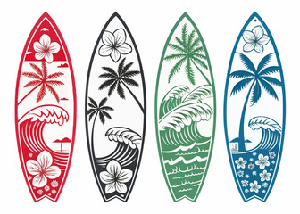 Four surfboards with tropical designs featuring palm trees waves and flowers in red black green and blue