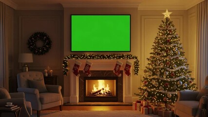 A warmly lit living room featuring a burning fireplace, a green screen television above the mantel, a decorated Christmas tree with ornaments, and wrapped presents on the floor, creating a festive hol - Powered by Adobe