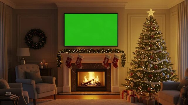 A warmly lit living room featuring a burning fireplace, a green screen television above the mantel, a decorated Christmas tree with ornaments, and wrapped presents on the floor, creating a festive hol