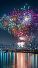 Fototapeta premium Vibrant Fireworks Display Over City Skyline and River at Night image photo