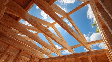Obraz premium Detailed View Of Wooden Roof Framing Against A Clear Sky During Home Construction