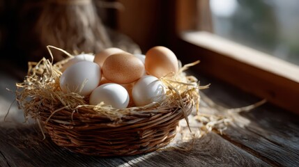 Close-up of white and brown eggs resting in a wicker basket filled with straw on a rustic wooden surface, World Egg Day