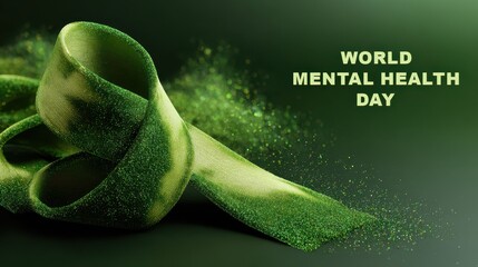 Glittering green awareness ribbon on dark background with World Mental Health Day text