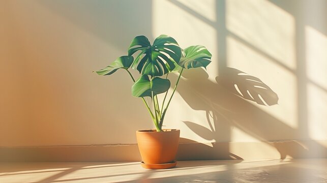 Monstera plant in a terracotta pot casting shadows on a wall in a sunlit room indoors