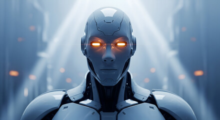 Fototapeta premium Futuristic robot with glowing eyes in a science fiction setting