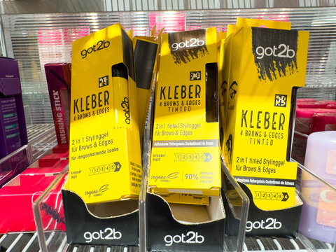 Villach, Austria - August 21, 2025: Got2b Kleber 2-in-1 Tinted Styling Gel for Brows and Edges displayed on a shelf, showcasing vibrant packaging and beauty product details