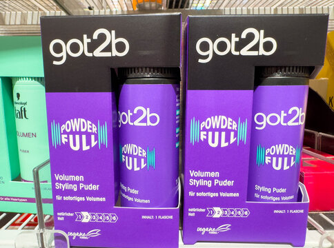 Villach, Austria - August 21, 2025: Got2b Powderful Volumen Styling Puder displayed on retail shelf, showcasing vibrant packaging and hair styling product for instant volume enhancement