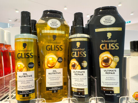 Villach, Austria - August 21, 2025: Schwarzkopf Gliss hair care products displayed on a shelf, featuring oil nutritive and ultimate repair shampoos for healthy, shiny hair