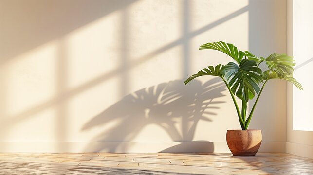 A monstera plant in a terracotta pot sits in a room with sunlight and shadows on the wall and floor