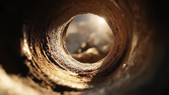 Focused medium shot capturing the glazing process inside a curved clay sewer pipe with blurred surroundings accentuating the precision of the interior finishing before firing.